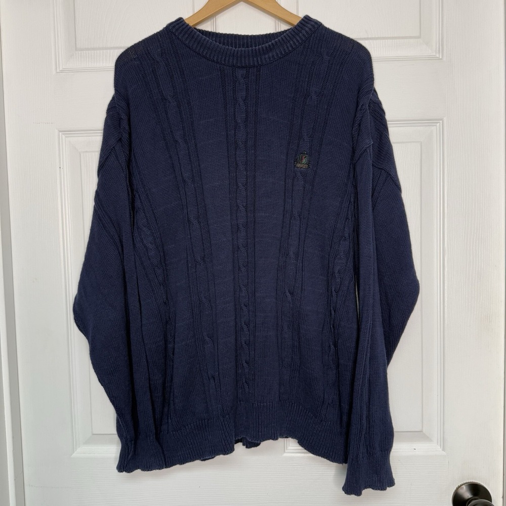 IZOD Classic Blue Cable Knit Sweater Mens L Made in USA Grandpa Core Normcore
